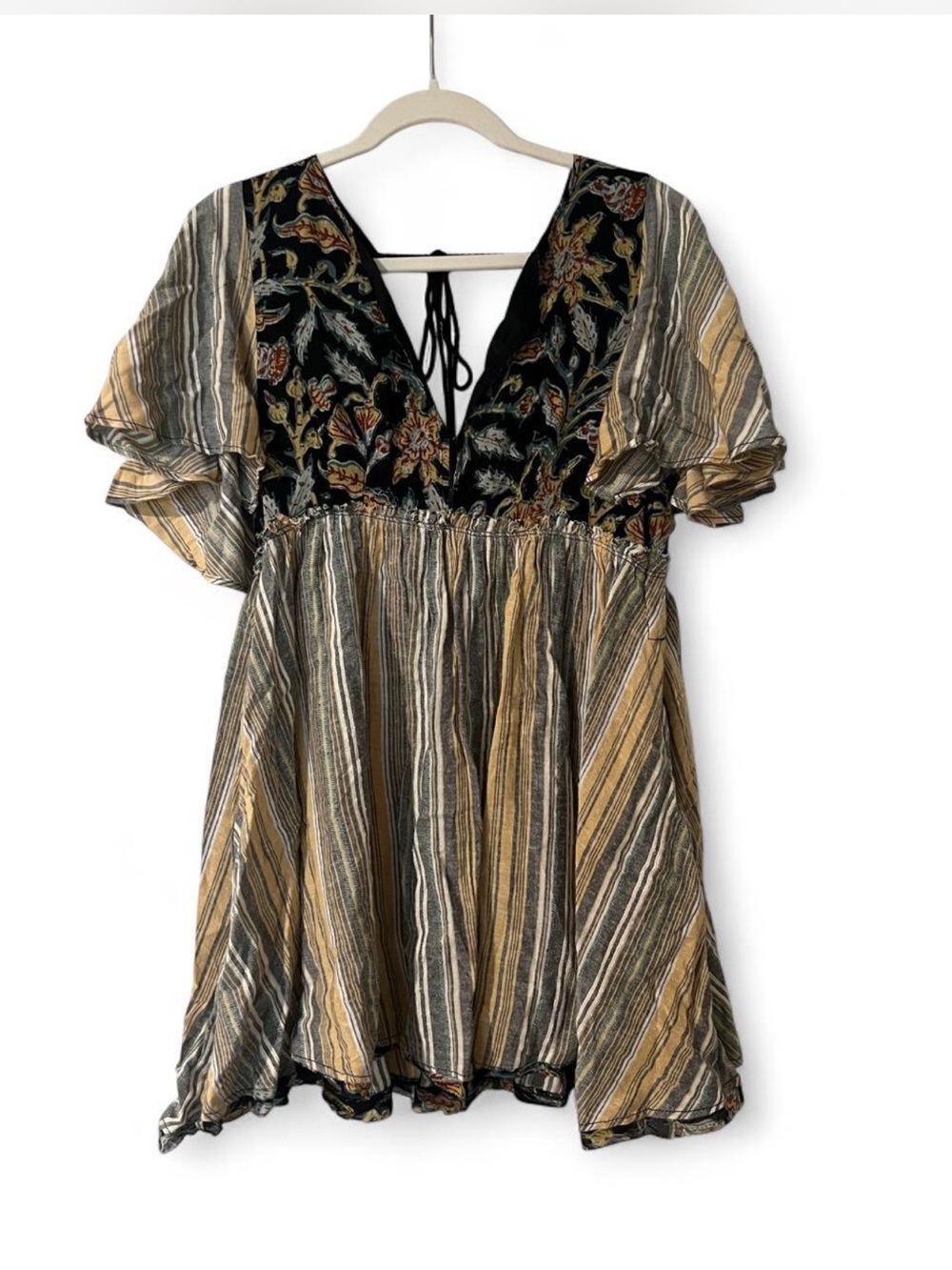 Free People Striped Mini Dress with Embroidered Black V-Neck